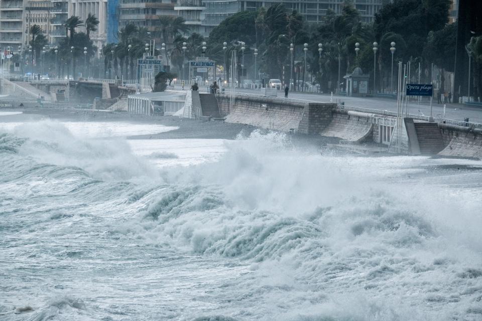 Fierce waves batter the shore in Nice, France.
