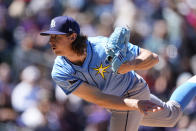Tampa Bay Rays starting pitcher Ryan Pepiot works against the Colorado Rockies in the second inning of a baseball game Sunday, April 7, 2024, in Denver. (AP Photo/David Zalubowski)