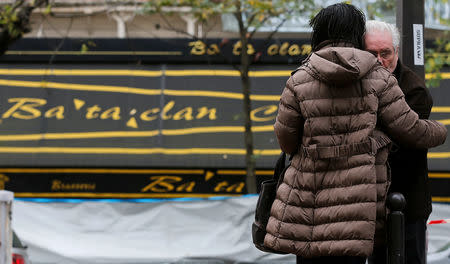 FILE PHOTO: People mourn in front of the Bataclan concert hall as they pay tribute to the victims of the series of deadly attacks on Friday, in Paris, France, November 17, 2015. REUTERS/Christian Hartmann/File Photo