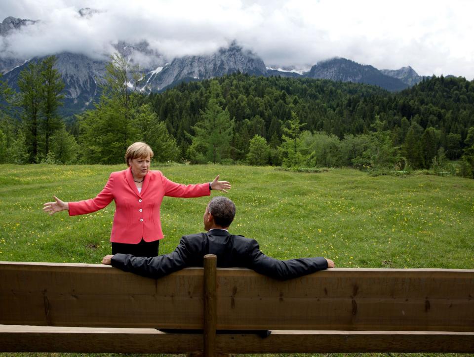 German Chancellor Angela Merkel talks with President Barack Obama at the G7 Summit in Krün, Germany, on June 8, 2015.