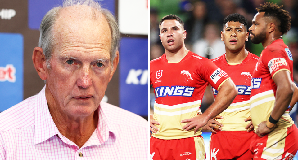 Pictured left is Wayne Bennett and right is Dolphins player after conceding a try