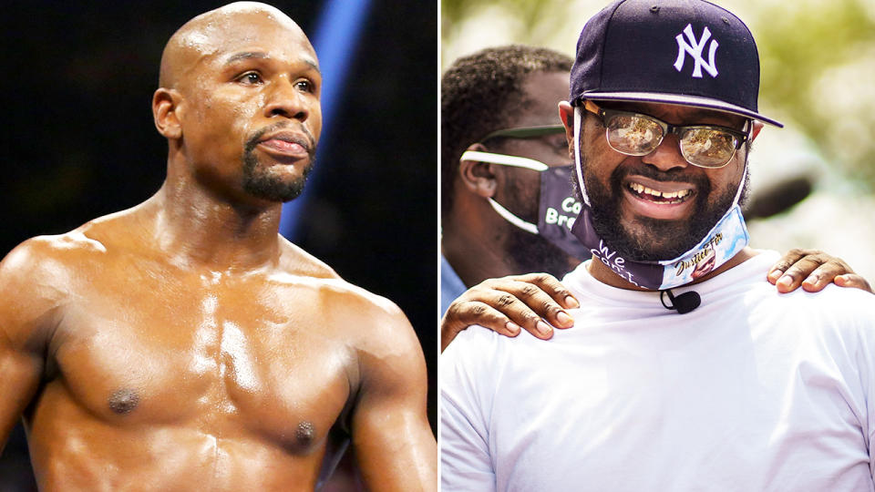 Floyd Mayweather and Terrence Floyd, pictured here at the site where George Floyd died.