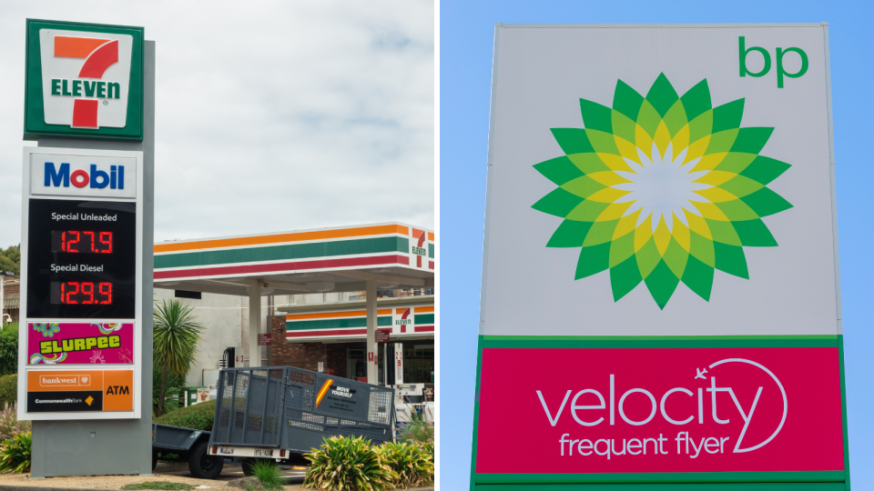 Composite image of a 7-Eleven Mobil service station, and a sign showing BP and Velocity Frequent Flyer.