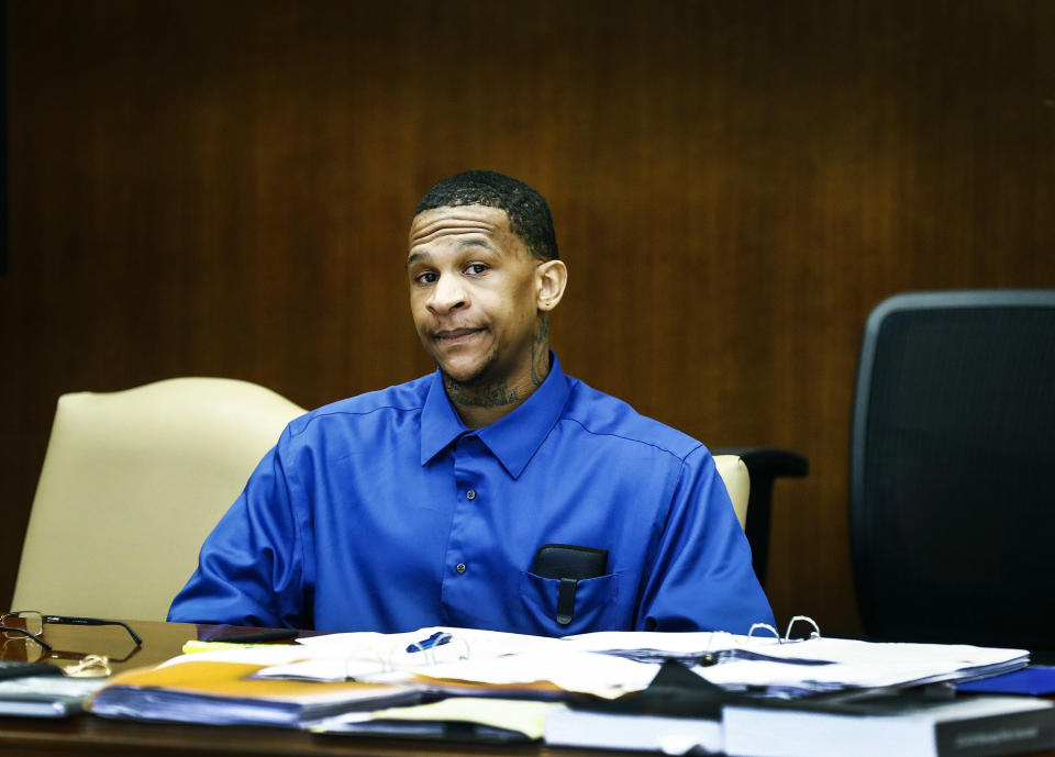 Quinton Tellis attends his retrial in Batesville, Miss., on Wednesday, Sept. 26, 2018. Tellis is charged with burning 19-year-old Jessica Chambers to death in December 2014. Tellis has pleaded not guilty to the murder. (Mark Weber /The Commercial Appeal via AP, Pool)