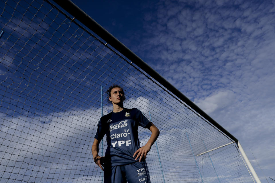 In this Oct. 25, 2018 photo, Argentina's National Female soccer team forwards Belen Potassa poses for a photo during training session in Buenos Aires, Argentina. "We live in a soccer-mad country but with a lot of machismo," Potassa said at the national team's training grounds on the outskirts of Buenos Aires. "Soccer is Messi, (Gonzalo) Higuain, (Diego) Maradona and no one else." (AP Photo/Natacha Pisarenko)