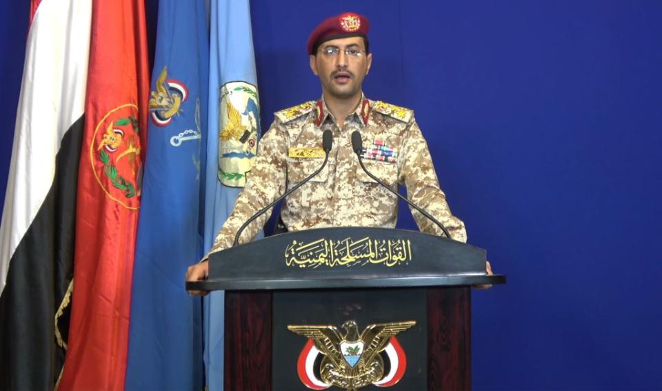 An image grab taken from a video made available by al-Houthi Media Office shows Houthi military spokesman Brigadier-General Yahia Sarie speaking at a press conference on Sept. 14, 2019, during which Yemen's Iran-aligned rebels claimed responsibility for the drone attacks on Saudi Aramco's processing plants in Abqaiq and Khurais. | -—AFP/Getty Images