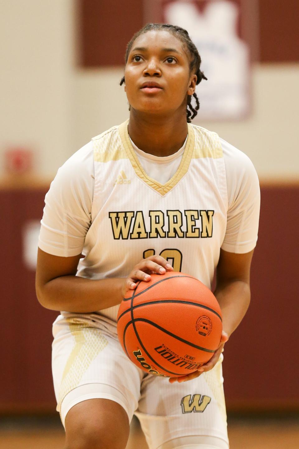 Warren Central Denyha Jacobs (10) at the free throw line as the Lawrence North Wildcats take on the Warren Central Warriors during the IHSAA Class 4A Girls Basketball Sectional Championship, February 4, 2023, at Lawrence Central High School.