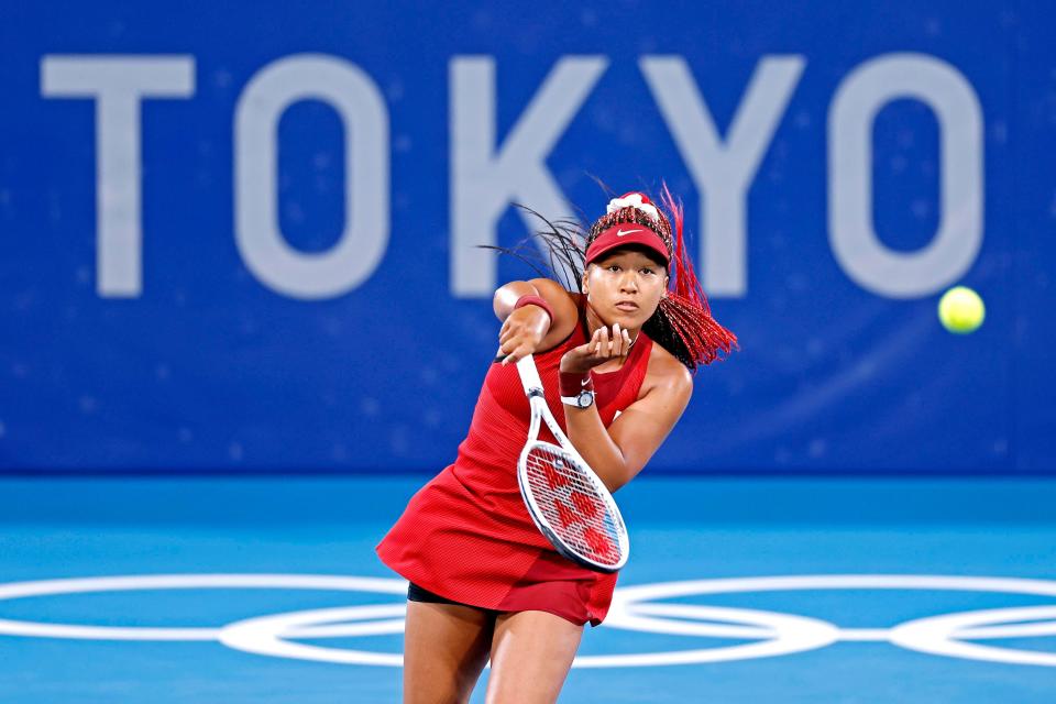 Naomi Osaka (JPN) plays Marketa Vondrousova (CZE) in the women's tennis third-round singles on Tuesday, July 27, 2021, during the Tokyo 2020 Olympic Summer Games at Ariake Tennis Park in Tokyo, Japan.