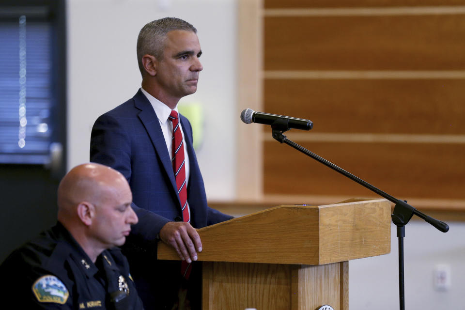 Bend Mayor Pro-Tem Anthony Broadman gave a statement during a media briefing on the shooting that happened at a Safeway on Aug. 28, 2022. (Dave Killen/The Oregonian via AP)