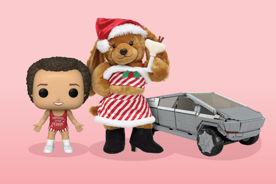 A Richard Simmons Funko Pop, a Build-a-Bear "After Dark" stuffed animal, and the Mattel Creations Tesla Cybertruck<span class="copyright">Photo Illustration by Rich Morgan for TIME</span>