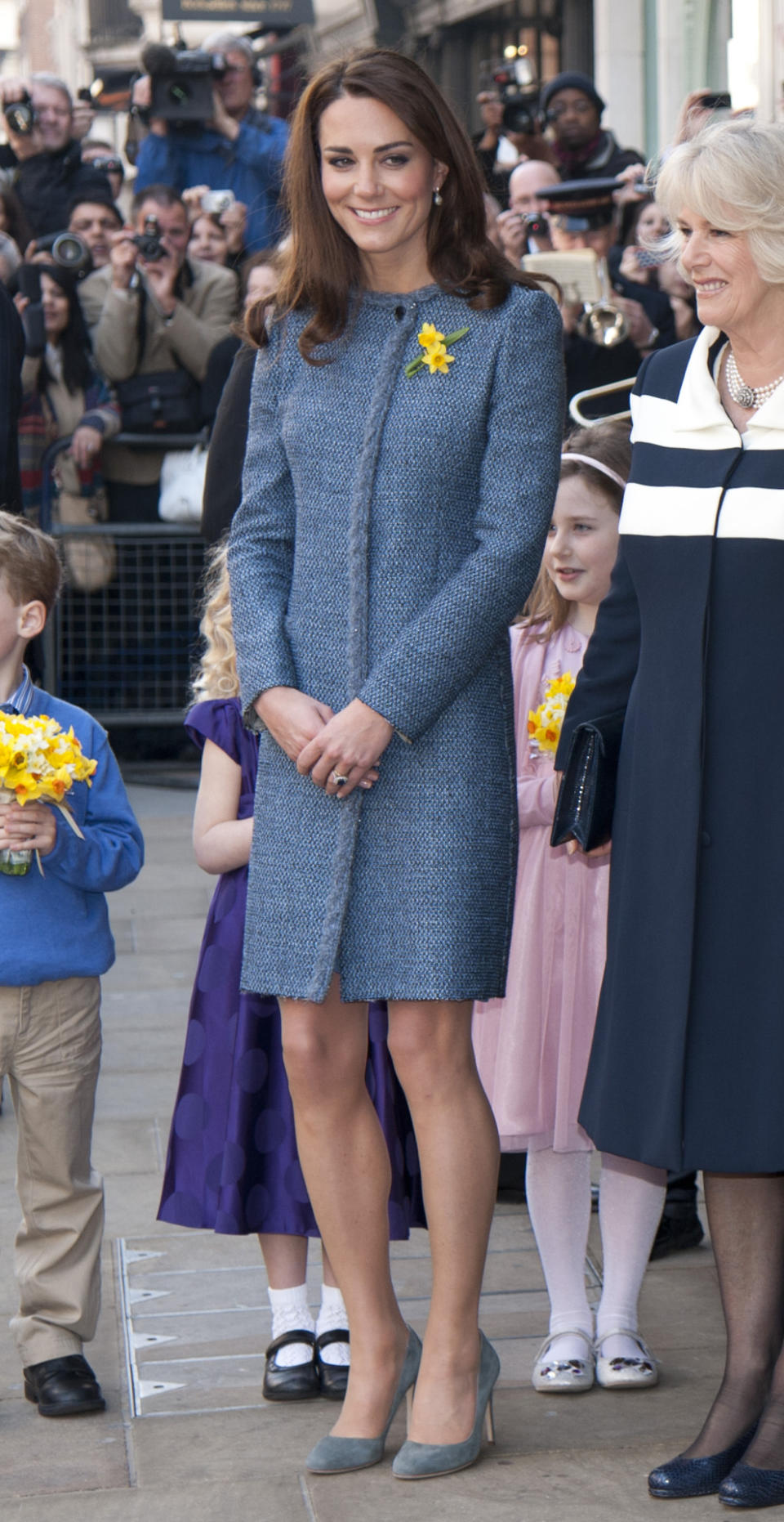 <p>Kate visited Fortnum and Mason wearing a blue tweed coat by Missoni paired with grey Rupert Sanderson pumps. </p><p><i>[Photo: PA]</i></p>