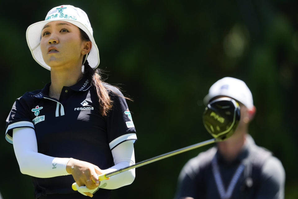 Lydia Ko, of New Zealand, tees off of the 15th hole during a practice round for the Women's PGA Championship golf tournament at Sahalee Country Club, Wednesday, June 19, 2024, in Sammamish, Wash. (AP Photo/Lindsey Wasson)