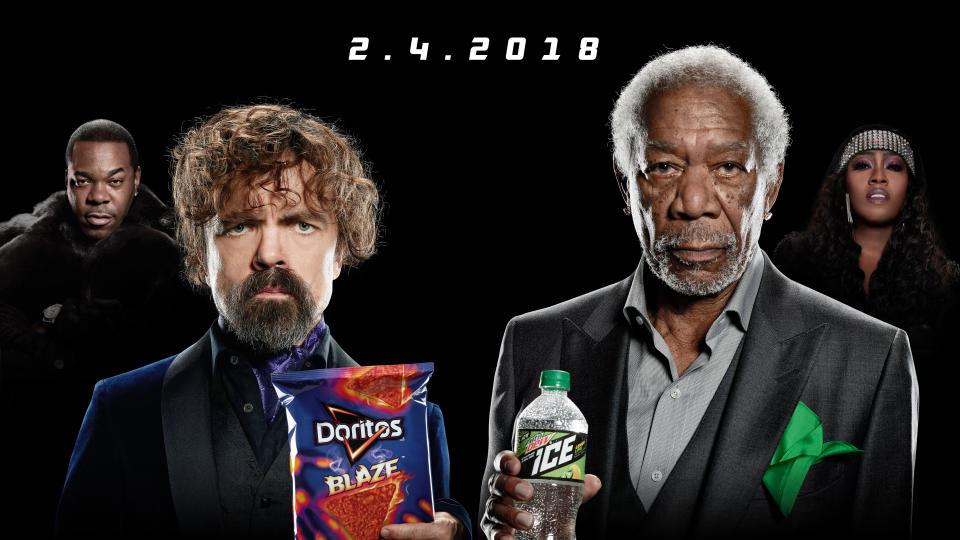 Peter Dinklage and Morgan Freeman, along with Busta Rhymes and Missy Elliott, in the Super Bowl Doritos Blaze vs. Mountain Dew Ice rap battle. (Photo: Courtesy of PepsiCo)