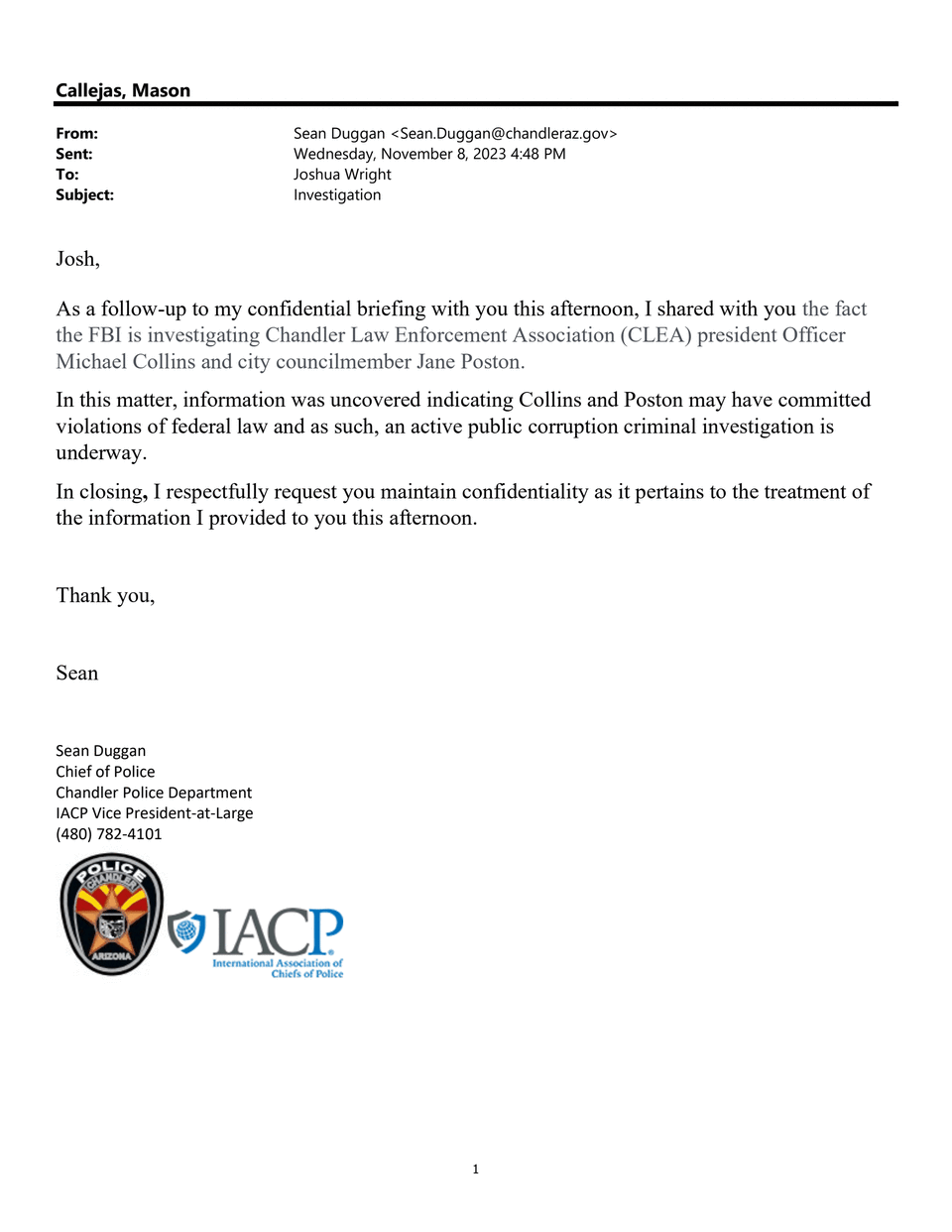 Page 1 of Email - FBI investigate Chandler police union president and council member