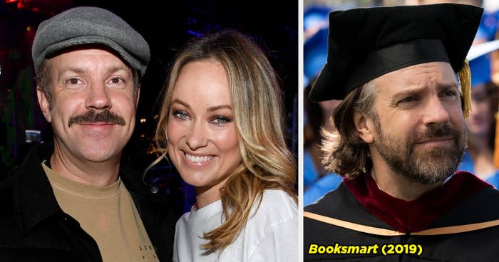 Jason Sudeikis posing with Olivia Wilde, and Jason's as the principal in Booksmart