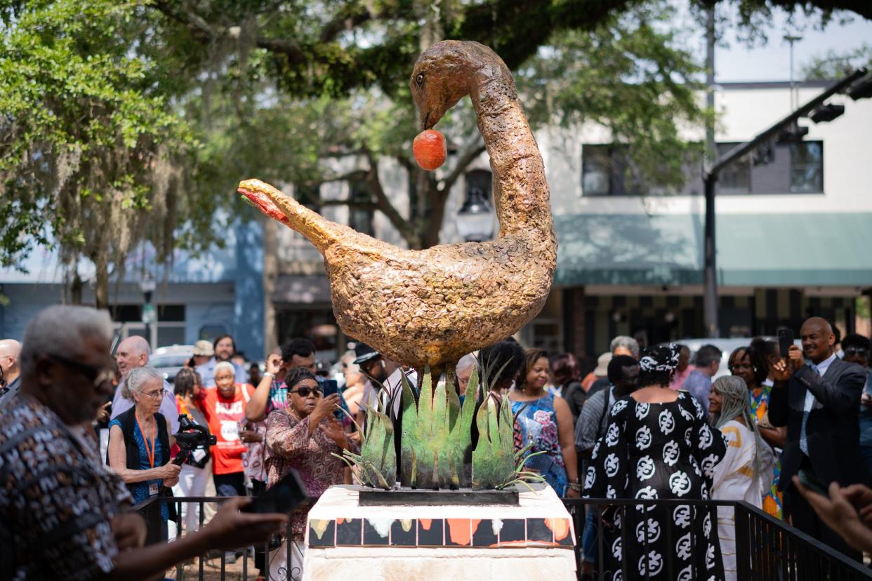 Hundreds gathered on the west lawn of the Alachua County Administration Building at 12 SE First St. on Monday to witness the unveiling of the Sankofa bird statue in honor of the late Patricia Hilliard-Nunn. The statue replaces one of a Confederate soldier known as "Old Joe" that stood for more than 100 years