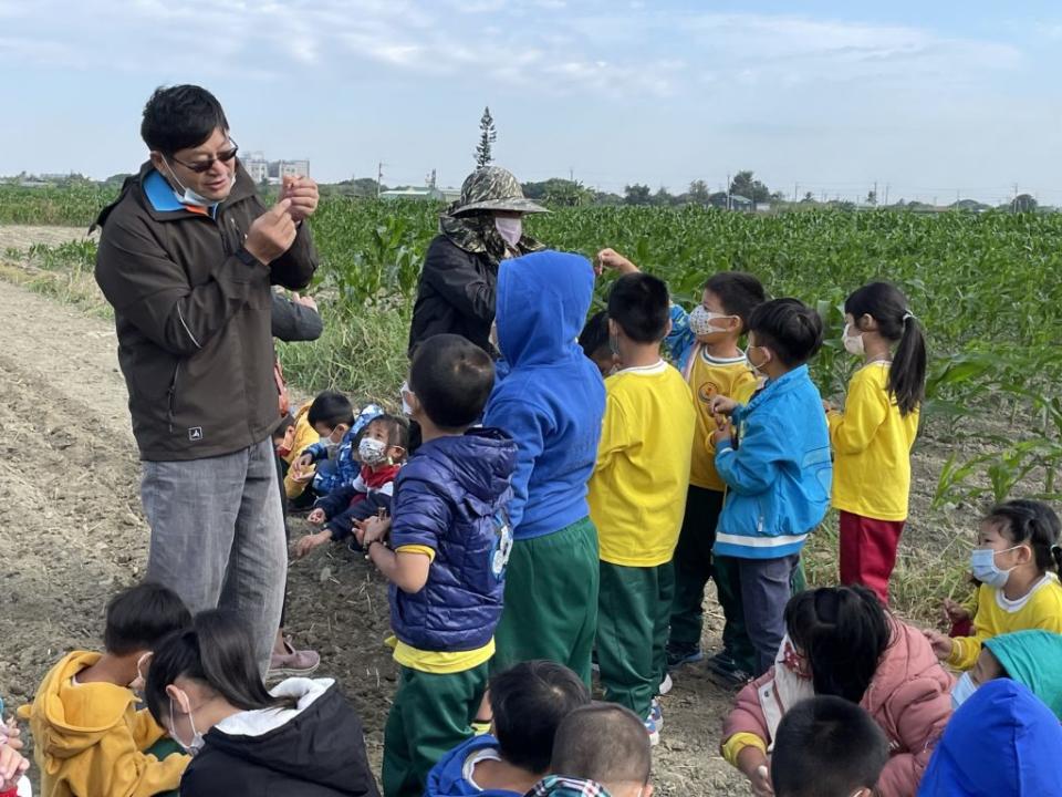 參與跨校合作的七股樹林、七股國小學童，聽著農民解說，如何種植紅蔥頭。(記者盧萍珊攝)