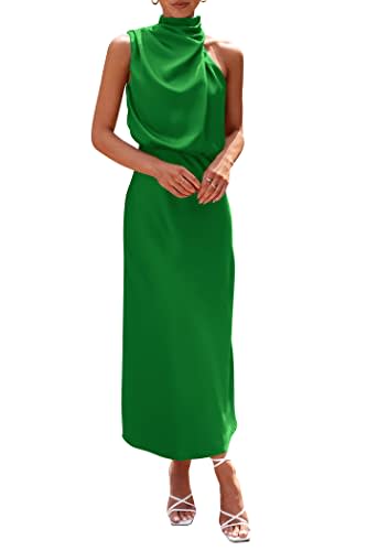 PRETTYGARDEN Women's 2024 Summer Satin Dress Elegant Sleeveless Mock Neck Cocktail Party Maxi Dresses (Bright Green,Small)