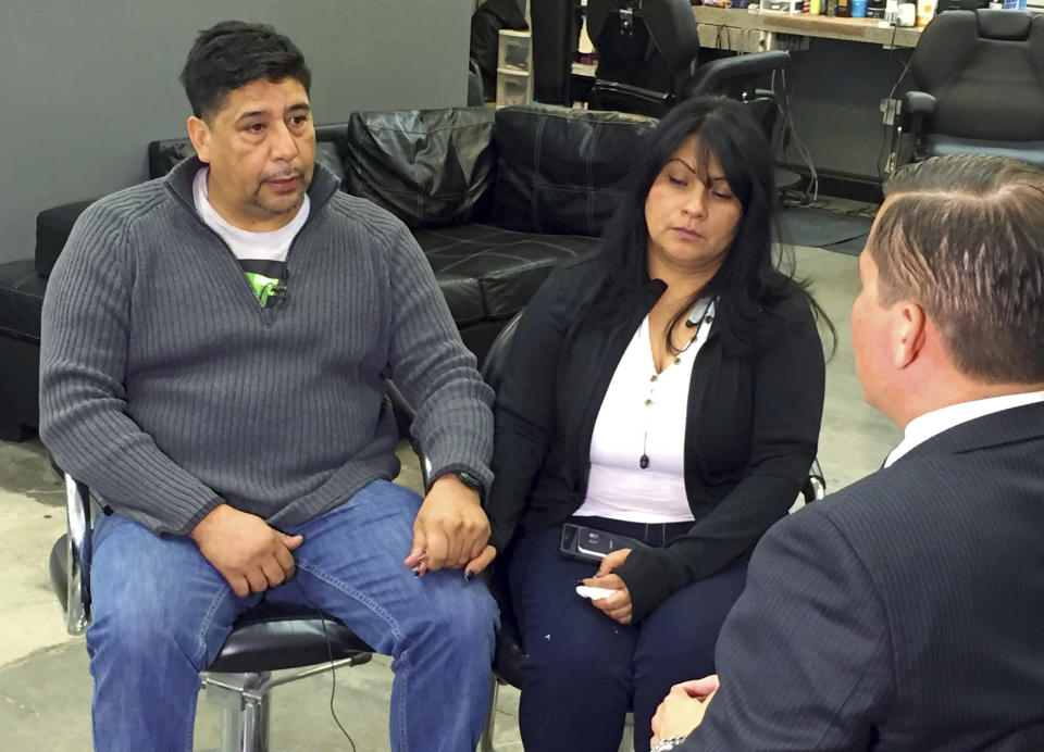 FILE - Beatriz Gonzalez, the mother of 23-year-old Nohemi Gonzalez, a student killed in the Paris terrorist attacks, and stepfather Jose Hernandez speak to a reporter at Hernandez' barber shop in Norwalk, Calif., Nov. 14, 2015. A lawsuit against YouTube from the family of Nohemi Gonzalez is at the center of a closely watched Supreme Court case being argued Tuesday, Feb. 21, 2023. (AP Photo/Scott Fain, File)