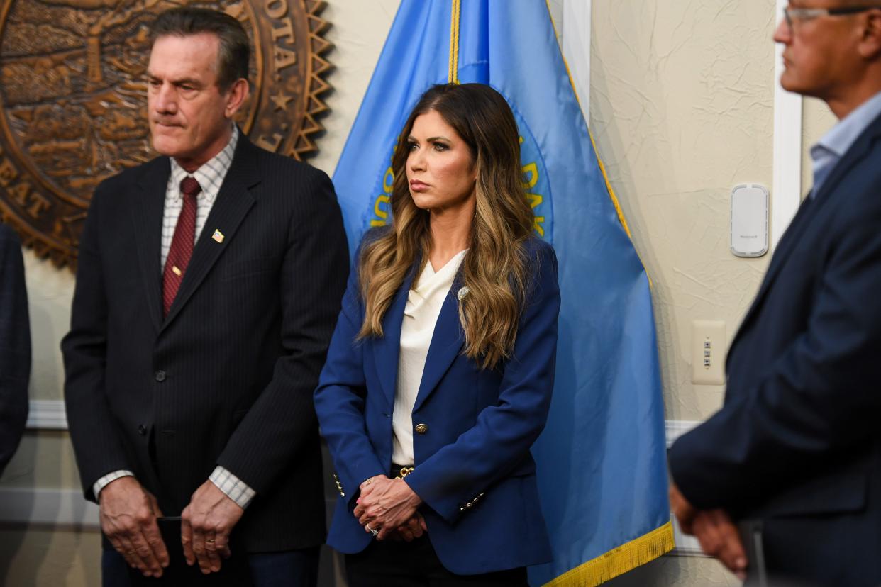 South Dakota Governor Kristi Noem discusses the drug cartel presence in the state’s tribal lands during press conference on Friday, May 17, 2024, at the South Dakota State Capitol in Pierre, South Dakota.