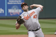 Baltimore Orioles starting pitcher John Means throws against the Seattle Mariners during the seventh inning of a baseball game, Wednesday, May 5, 2021, in Seattle. (AP Photo/Ted S. Warren)