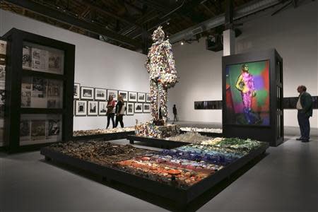 People view "Black Out" during an exhibition of work by the late artist Mike Kelley during a media preview at The Geffen Contemporary at The Museum of Contemporary Art (MOCA) in Los Angeles, California March 28, 2014. REUTERS/Jonathan Alcorn