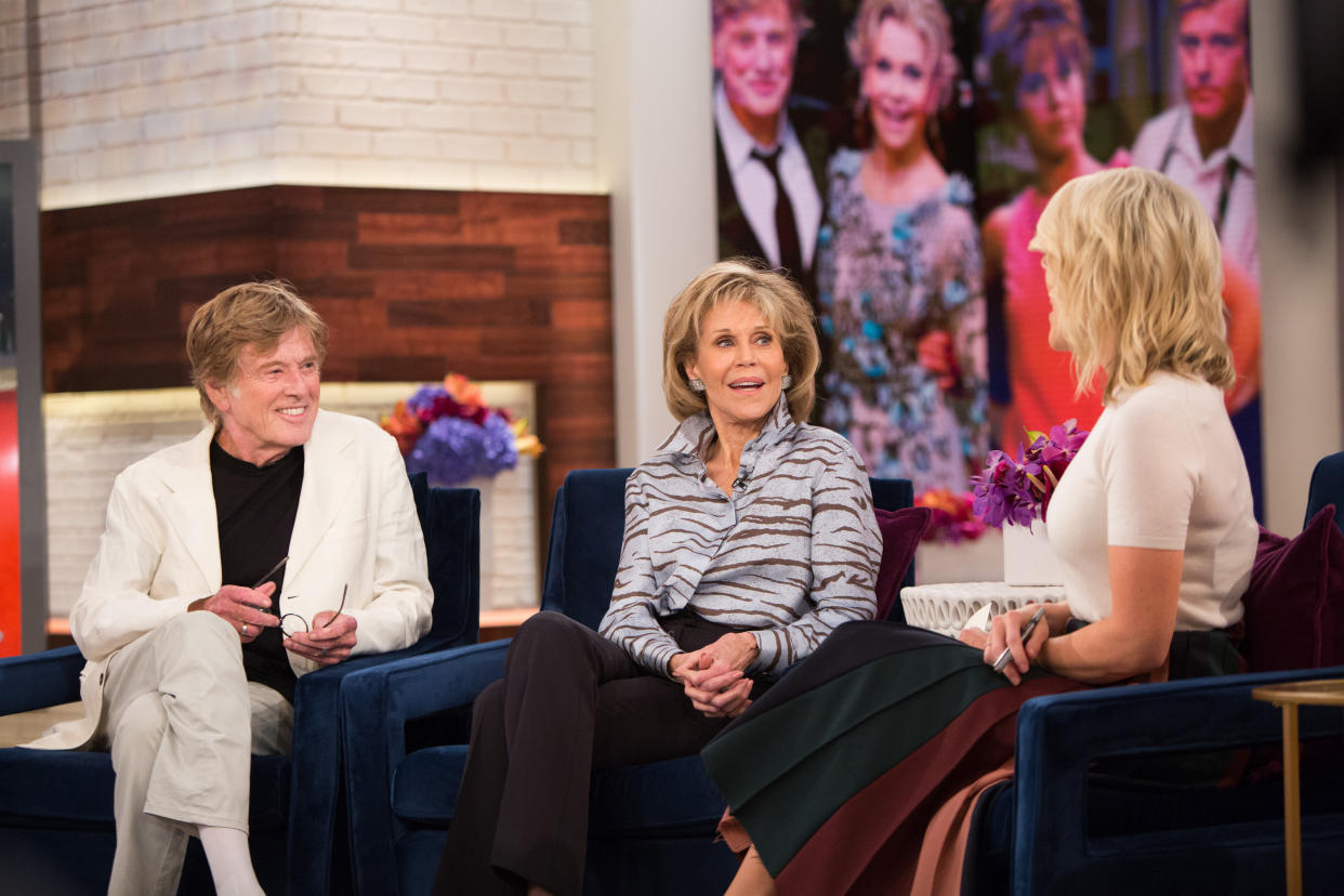 Megyn Kelly and Jane Fonda (pictured with Fonda's co-star Robert Redford) had an awkward exchange about plastic surgery on the Sept. 27, 2017 episode of the since-canceled Megyn Kelly Today. (Photo: Nathan Congleton/NBCU Photo Bank/NBCUniversal via Getty Images via Getty Images)