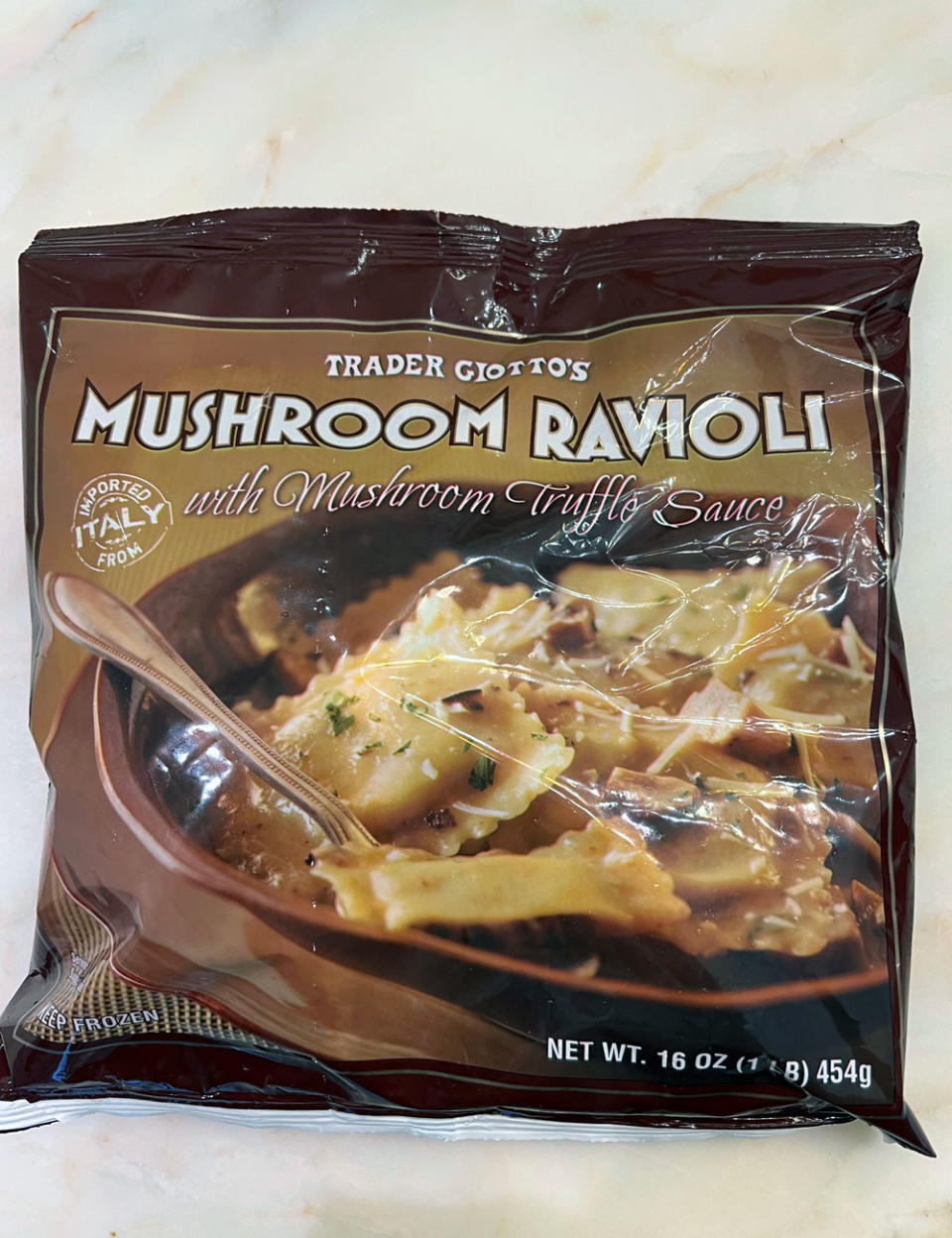 A bag of Trader Joe's mushroom ravioli