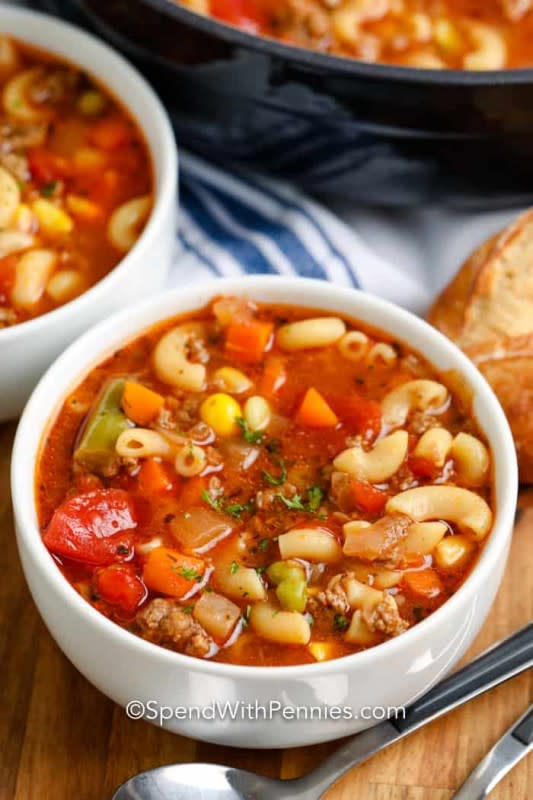 <p>Spend With Pennies</p><p>This hearty soup is a great use for leftover browned ground beef and is loaded with flavor.</p><p><strong>Get the recipe: <a href="https://www.spendwithpennies.com/beef-and-macaroni-soup/" rel="nofollow noopener" target="_blank" data-ylk="slk:Beef and Macaroni Soup;elm:context_link;itc:0;sec:content-canvas" class="link rapid-noclick-resp">Beef and Macaroni Soup</a></strong></p>