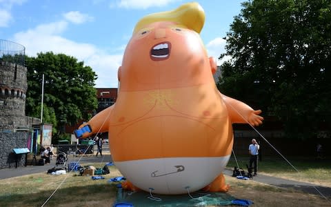 The Trump Baby Blimp is inflated during a practice test, at Bingfield Park in north London - Credit: Kirsty O'Connor /PA