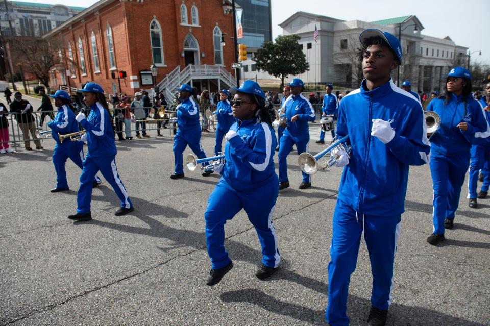 Lanier High School marching band performs during Martin Luther King Jr. Day parade on Dexter Ave. in Montgomery, Ala., on Monday, Jan. 15, 2024.