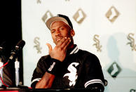 Michael Jordan ponders a question during a news conference in Chicago, Ill., Monday, Feb. 7, 1994. (AP Photo/John Swart)