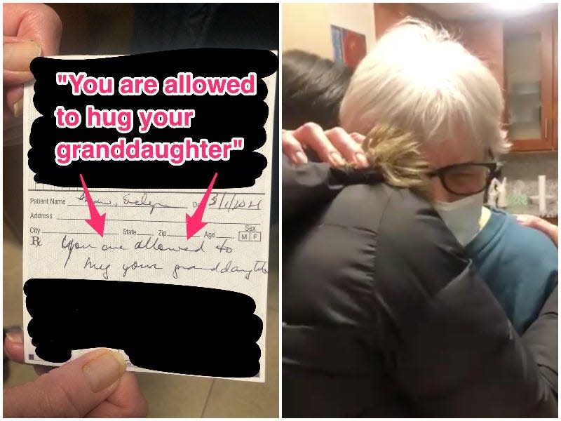 Left: a doctor's prescription reading "You are allowed to hug your granddaughter. Right: Ateret Frank hugs her grandmother Evelyn Shaw.