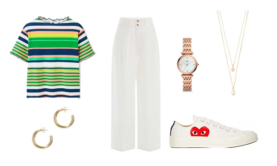 Add a color-striped tee to spice up a classic white ensemble.