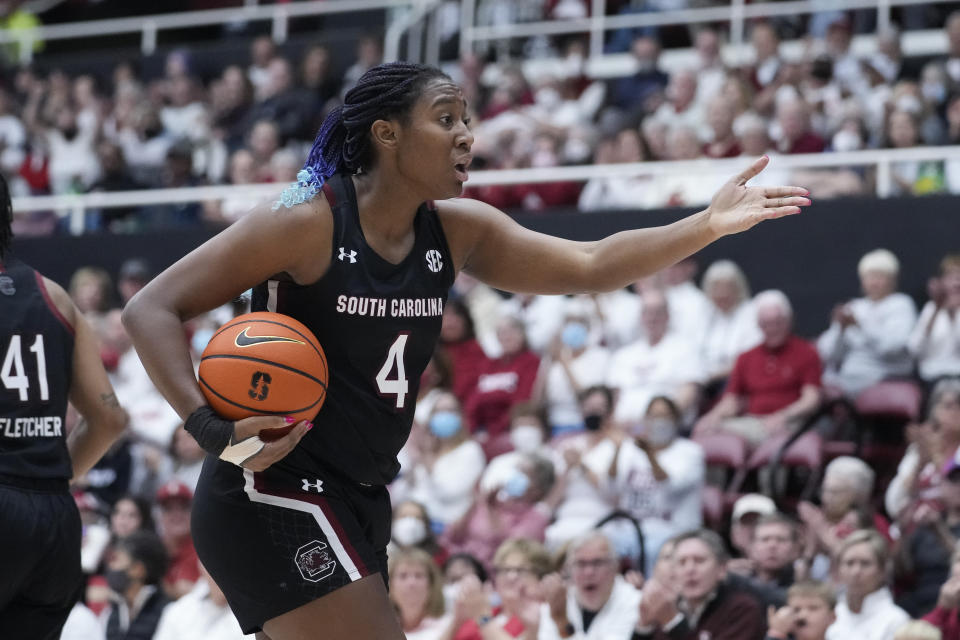 South Carolina forward Aliyah Boston reacts after being called for a foul during the first half of an NCAA college basketball game against Stanford in Stanford, Calif., Sunday, Nov. 20, 2022. (AP Photo/Godofredo A. Vásquez)