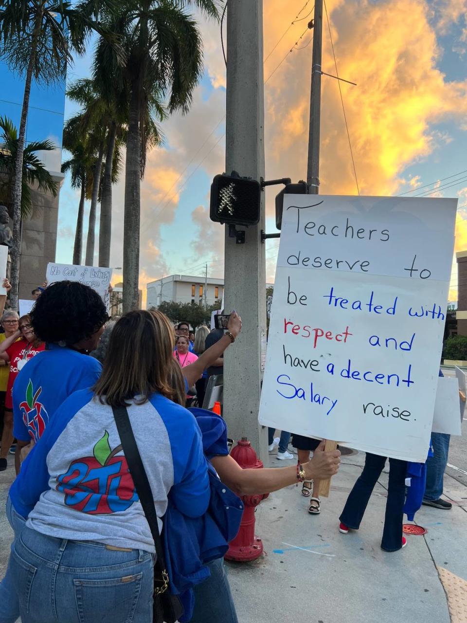 Broward teachers gather to demand greater pay outside the Kathleen C. Wright Administration Center in Fort Lauderdale during the School Board meeting Wednesday, Nov. 8, 2023. “If you’re not going to give them the raises they need, how do you expect them to do the job that you need?” asked one teacher.