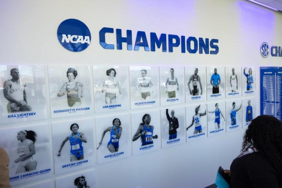 UK’s new track and field indoor training facility includes a wall of champions display. The building will be used largely for training although UK hopes to host small indoor meets at some point.