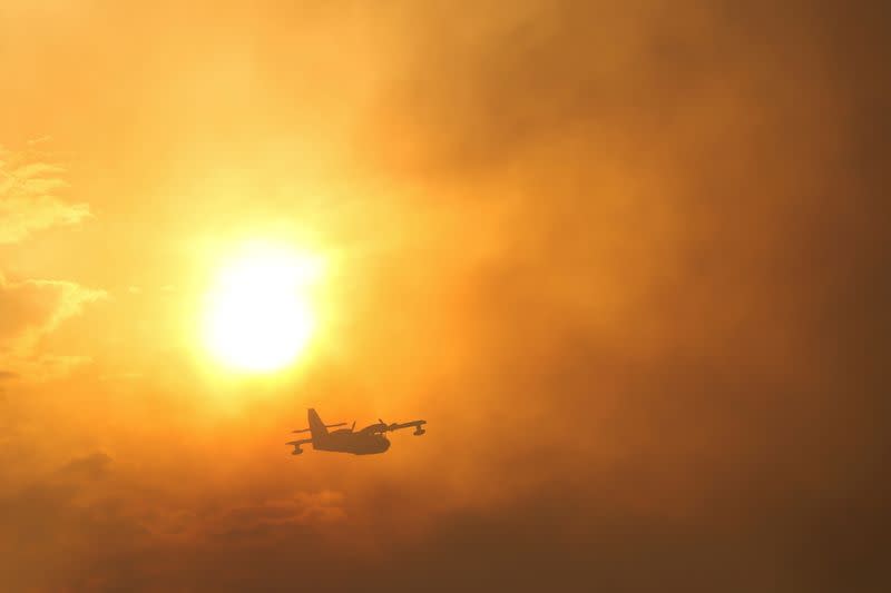 A plane flies over a wildfire in Ourem