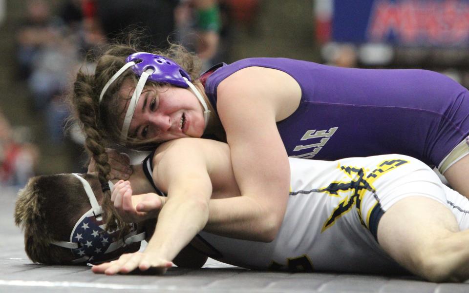 Fowlerville's Maggie Buurma pinned Gaylord's Tristan Lehre in the first match of the state Division 2 quarterfinal Friday, Feb. 24, 2023 at Wings Event Center.