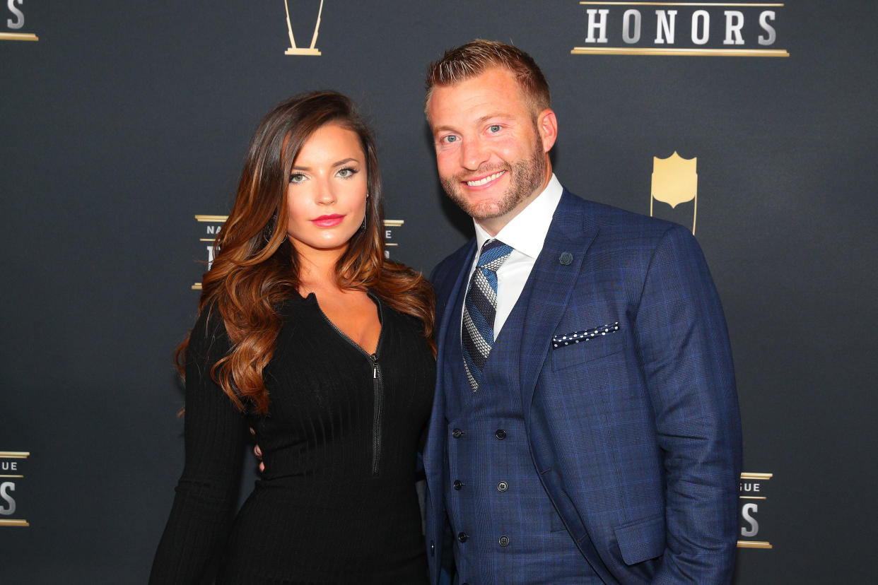 MINNEAPOLIS, MN - FEBRUARY 03:   Sean McVay and Veronika Khomyn pose for Photographs on the Red Carpet at NFL Honors during Super Bowl LII week on February 3, 2018, at Northrop at the University of Minnesota in Minneapolis, MN.  (Photo by Rich Graessle/Icon Sportswire via Getty Images)