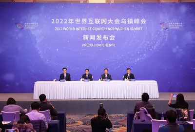 Ren Xianliang (2nd from left), secretary-general of the World Internet Conference, briefs the media astatine  a quality    league  connected  2022 World Internet Conference Wuzhen Summit successful  Beijing, connected  Oct 31, 2022.