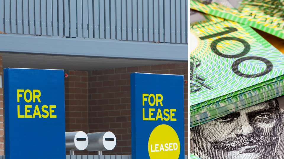 Rents: For lease signs in front of a building and $100 notes.