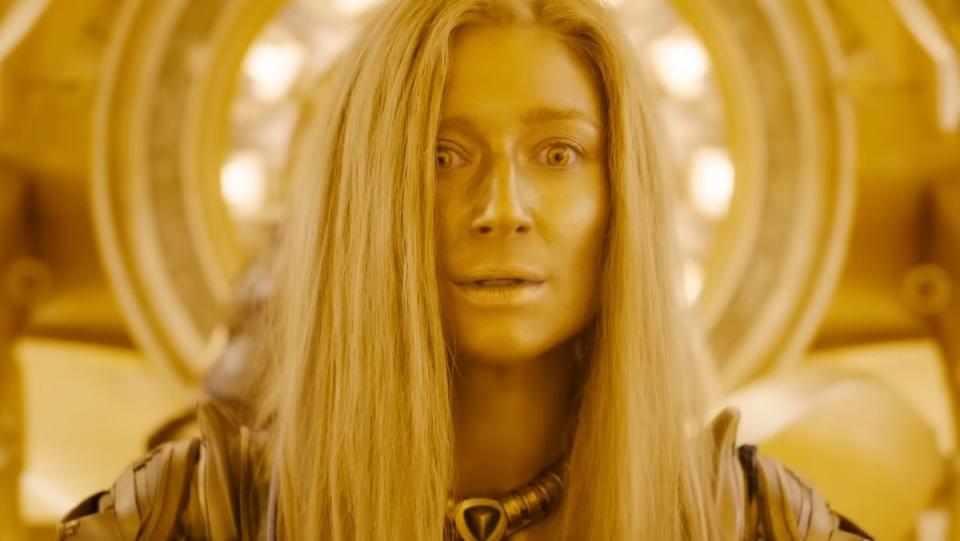 Elizabeth Debicki's Golden High Priestess of the Sovereign with her hair down looking shocked in Guardians of the Galaxy Vol. 3