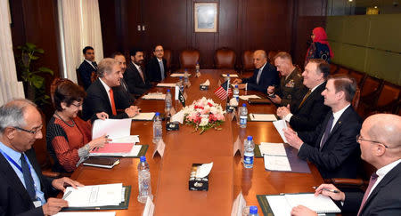 Pakistan's Foreign Minister Shah Mehmood Qureshi holds talks with U.S. Secretary of State Mike Pompeo at the Ministry of Foreign Affairs in Islamabad, Pakistan September 5, 2018. Ministry of Foreign Affair (MFA) Handout via REUTERS