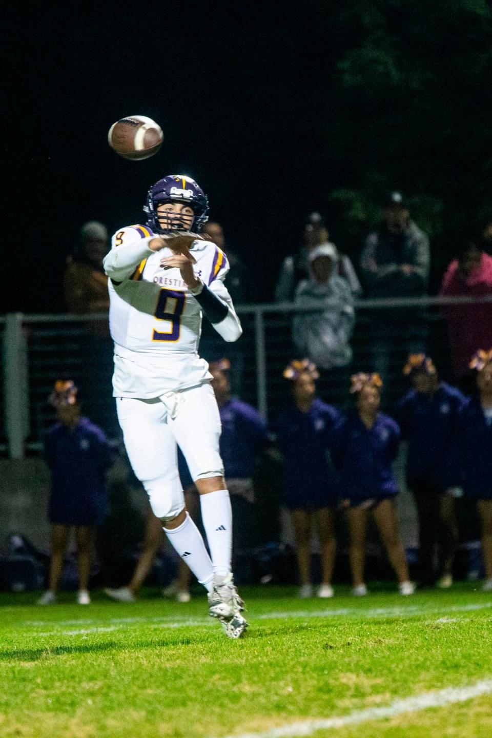 Orestimba quarterback Alex Millan throws a pass up field in the Sac-Joaquin Section Division VII-A Championship against Orestimba at Ripon Christian High School on Friday, Nov. 17, 2023.