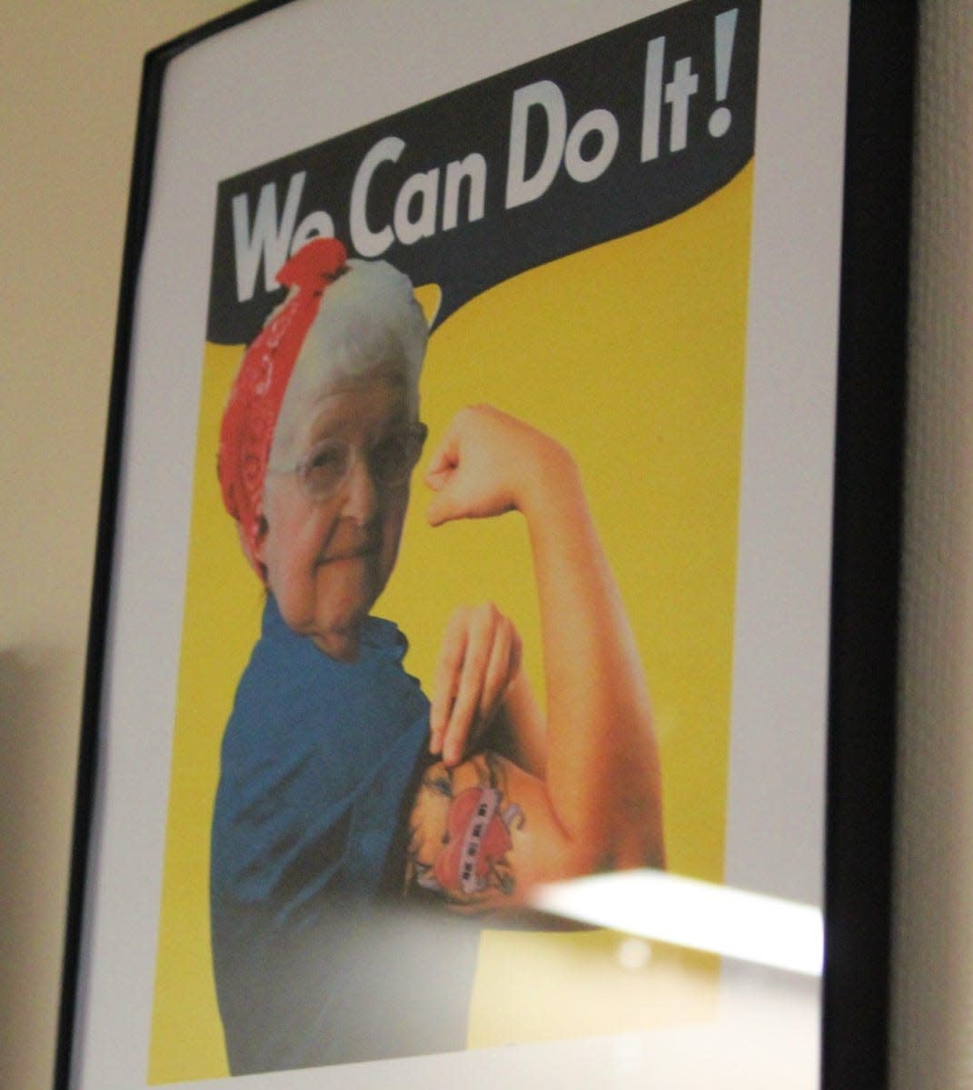 Lorraine Koons, 101, has a Rosie the Riveter poster on the wall in her room at Lebanon Valley Home with her face Photoshopped in. The Cleona native worked at Middletown Air Depot during World War II.