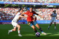 Andrea Falcon of Spain is challenged by Kelley O'hara of the USA during the 2019 FIFA Women's World Cup France Round Of 16 match between Spain and USA at Stade Auguste Delaune on June 24, 2019 in Reims, France. (Photo by Alex Caparros - FIFA/FIFA via Getty Images)