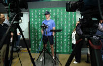 Dallas Stars goalie Jake Oettinger speaks to reporters about the hockey season during a season-ending media availability at the team's headquarters in Frisco, Texas, Tuesday, May 17, 2022. (AP Photo/LM Otero)