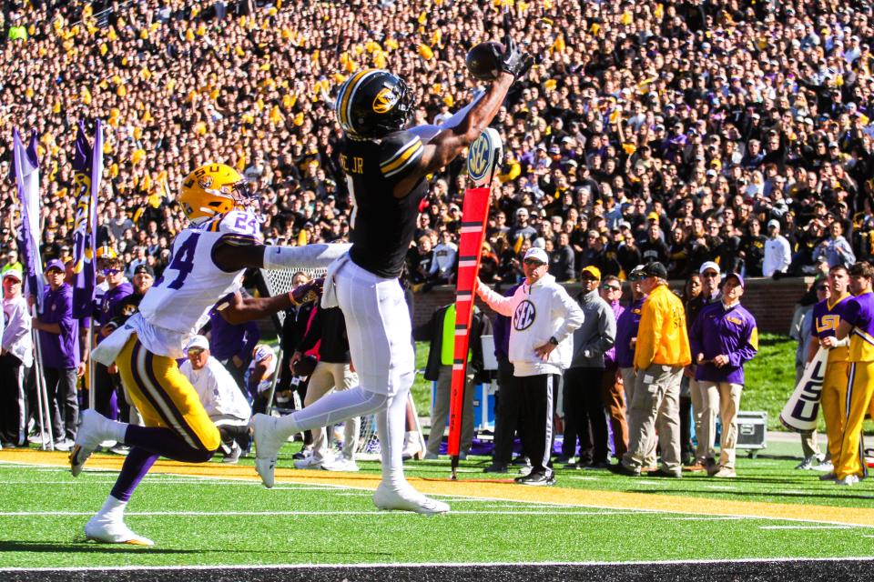 Missouri receiver Theo Wease (1) catches a touchdown inthe first half of Missouri's game against LSU at Faurot Field on Oct. 7, 2023, in Columbia, Mo.