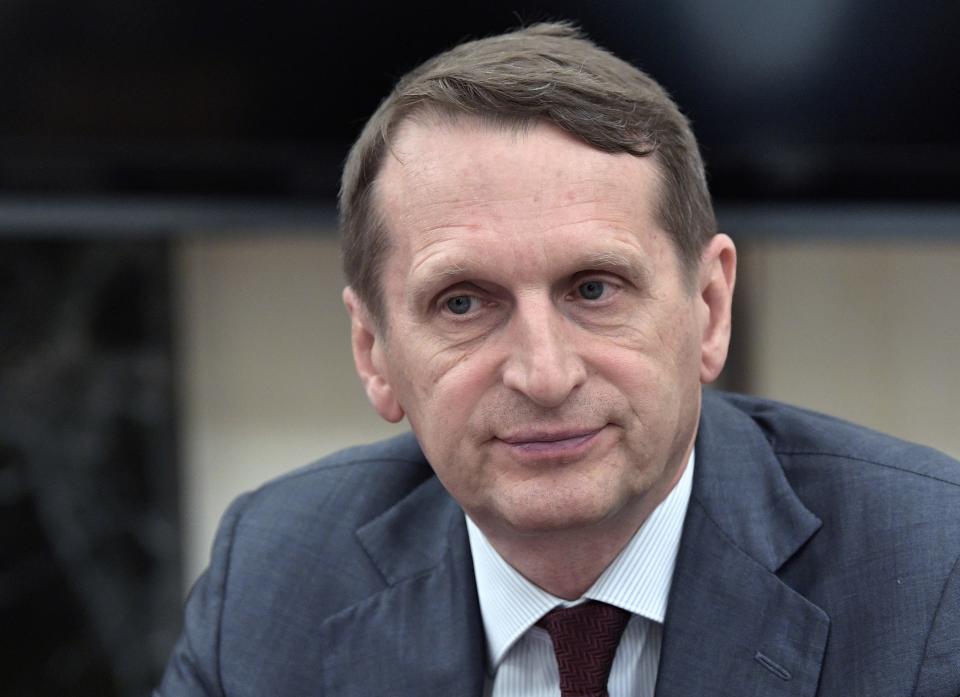 FILE - Sergei Naryshkin, head of the Russian Foreign Intelligence Service attends a meeting of the Commission for Military Technical Cooperation with Russian President Vladimir Putin in the Kremlin in Moscow, Russia, June 24, 2019. (Alexei Nikolsky, Sputnik, Kremlin Pool Photo via AP, File)